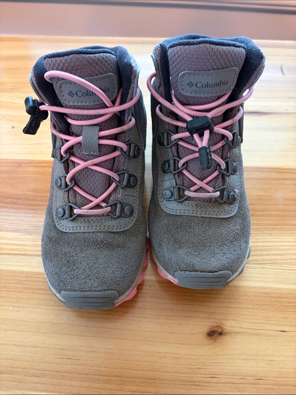 Columbia Kids Gray Suede Hiking Boots with Pink Laces